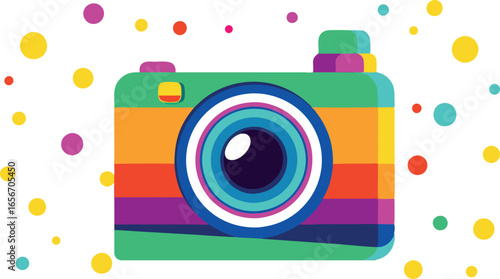 A colorful retro camera icon against a vibrant background, symbolizing digital photography and vintage technology