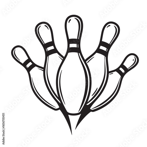 Vector illustration of five bowling pins in black and white arrangement