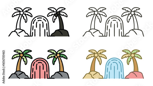 Waterfall and palm tree icons set – tropical nature, landscape, summer vacation, exotic travel, beach holiday, and paradise illustration