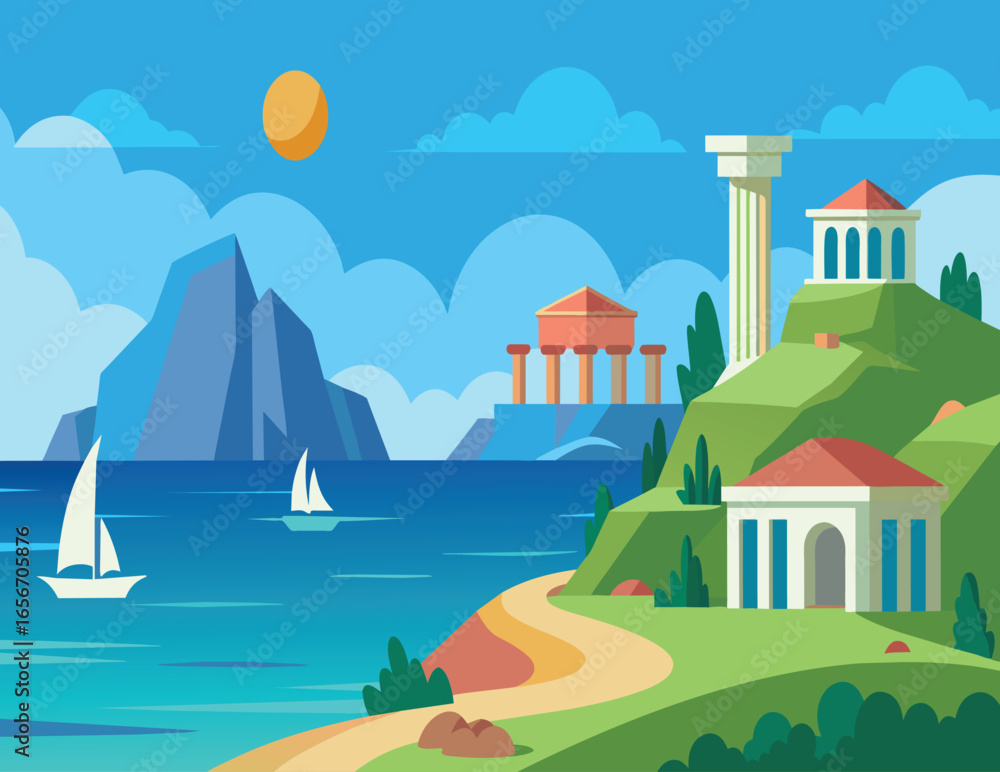 Naklejka premium Idyllic mediterranean coastal landscape with ancient ruins and sailboats