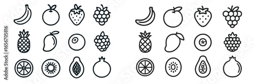Colorful collection of hand-drawn fruit illustrations displayed in a grid format on a plain background