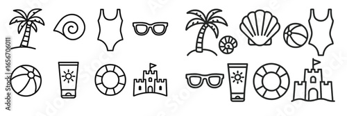 Summer beach fun elements including palm trees, seashells, and beach accessories for a joyful vacation atmosphere