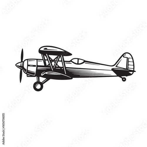 Vintage biplane silhouette illustration isolated against a white background aviation design