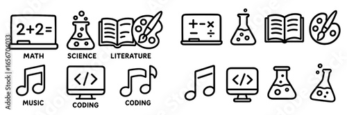Educational icons representing various subjects like math, science, literature, music, and coding for learning activities