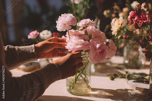 Hands arranging delicate pink flowers in glass jars
