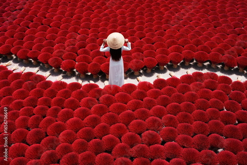 Vietnamese woman wearing a Vietnamese-style hat and a white traditional Vietnamese costume stands among red incense sticks drying in the sun in an incense factory.