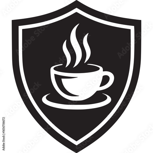 Vector art of elegant coffee shop logo featuring a steaming cup within a shield shape