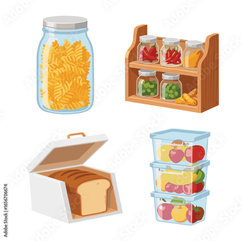 Kitchen Pantry Storage Vector Set: Pasta Jar, Spice Rack, Bread Box, Food Container - Organization Graphics For Recipe Design Food Illustration