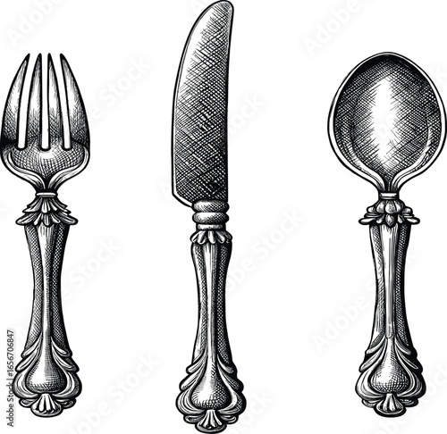 Vintage etched silverware set fork knife spoon antique dining utensils