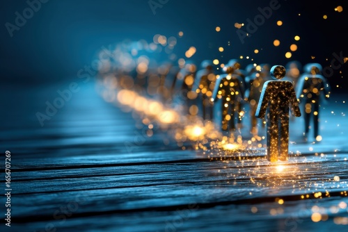 A surreal scene depicting illuminated figures walking along a dark pathway, surrounded by glowing particles, evoking a sense of mystery and depth.