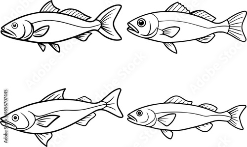 Set of codfish outline vector illustration line art