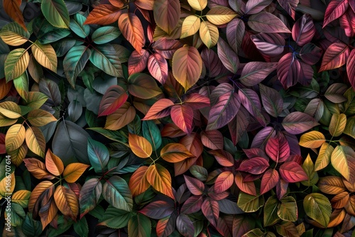 Fototapeta Naklejka Na Ścianę i Meble -  Ultra-realistic autumn scene filled with colorful leaves in reds, oranges, yellows, greens, purples, and golds, forming a natural fall foliage background for seasonal wallpaper design