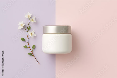 Minimalist skincare cream container mockup with floral decoration