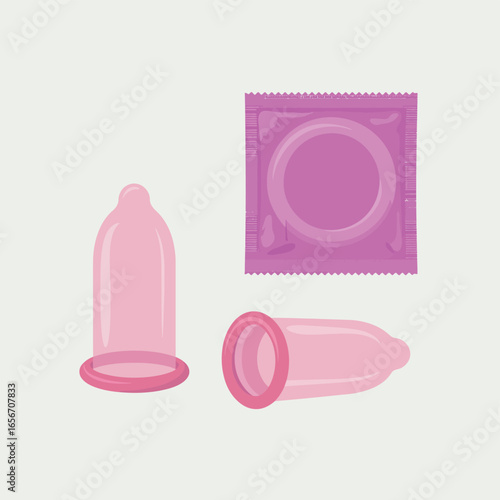 Three pink condoms and one purple wrapper on a light background