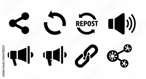 Black solid vector icons of repost arrows, chain links, speaker, and multimedia elements for social media and digital communication design.