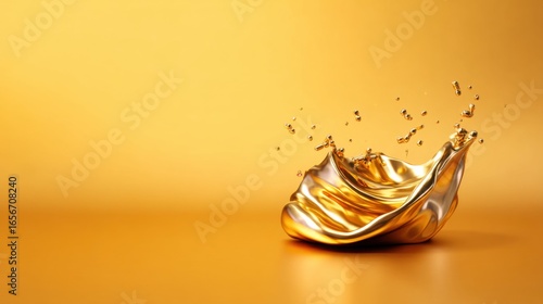 A dynamic splash of liquid gold against a vivid yellow background, showcasing fluid motion and shimmer.