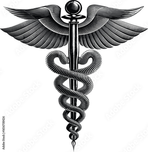 Classic caduceus symbol with wings and serpent on white background