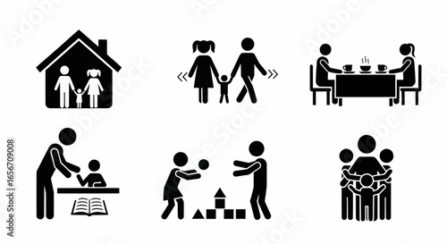Black solid vector icons of people with disabilities, wheelchair, and inclusive social care concepts representing equality and accessibility in society.