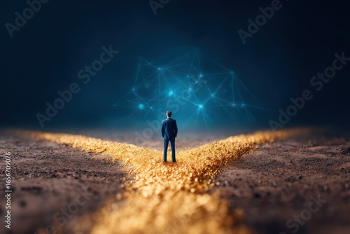 A figure stands at a crossroads illuminated by a glowing path, symbolizing choices and opportunities in a digital landscape.