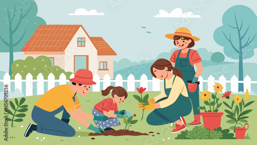 Family Gardening Together in a Sunny Backyard Planting Flowers