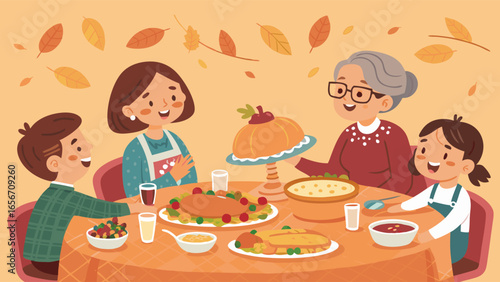 Family Gathering Around a Thanksgiving Table with Delicious Food