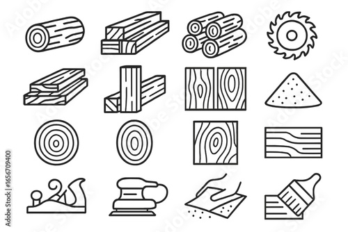Various wooden materials and tools for woodworking projects displayed on a white background
