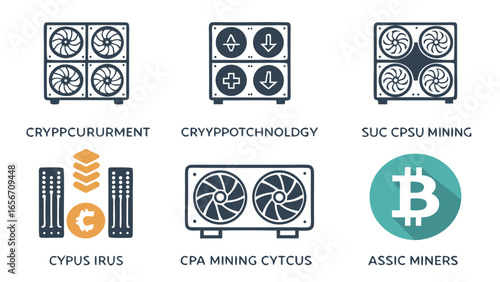 Illustrated Cryptocurrency Mining Rigs and Bitcoin Symbol Icons