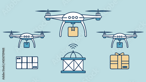Illustrated Drones Delivering Packages and Receiving Wireless Signals