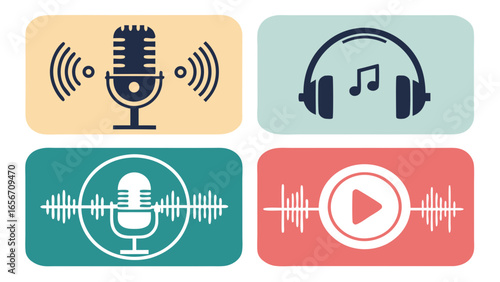 Illustrated Icons Representing Podcast Music and Audio Playback