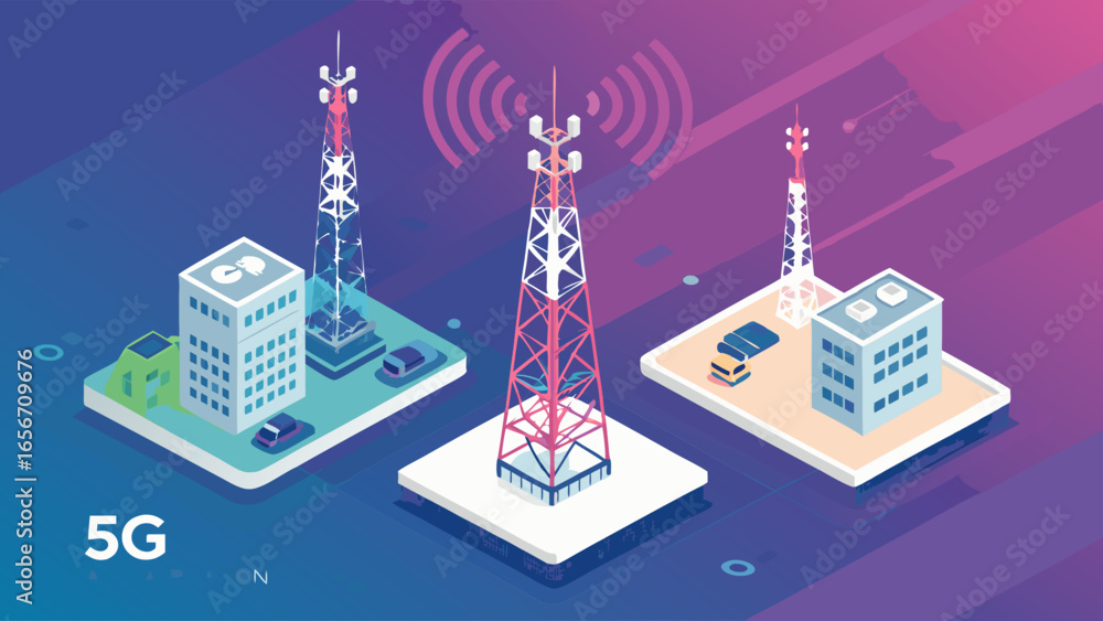 Naklejka premium Isometric Illustration of Cellular Towers and Associated Infrastructure