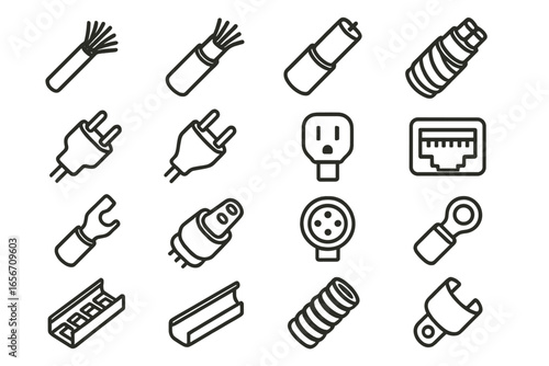 Detailed collection of electrical connectors, plugs, and wiring accessories arranged on white background