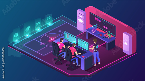 Isometric Illustration of a Gaming Setup with Players and Monitors