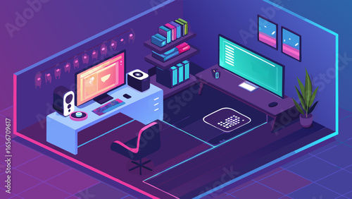 Isometric Illustration of a Modern Gaming Room Setup