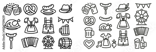 Festive elements for celebration including food, drinks, and traditional attire showcased in a playful design