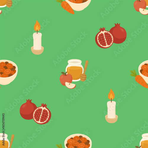 A Vibrant Celebration of Seasonal Abundance: A Colorful Arrangement Featuring Pomegranates, Honey, Candles, and Symbolic Fruits on a Bright Green Background