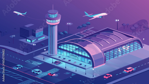 Isometric Illustration of an Airport Terminal with Airplanes and Cars