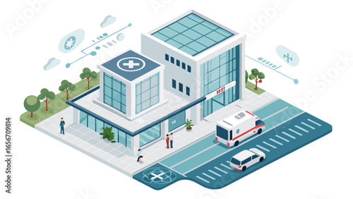Isometric View of a Modern Hospital Building with Vehicles