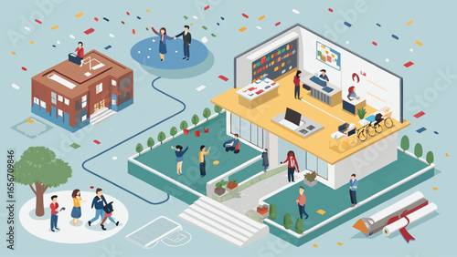 Isometric Illustration of Modern Buildings and Diverse People