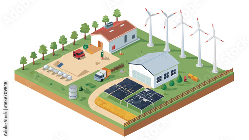Isometric Illustration of Sustainable Energy Farm and Renewable Resources