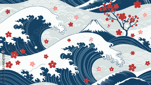JapaneseInspired Illustration Featuring Waves Mount Fuji and Cherry Blossoms