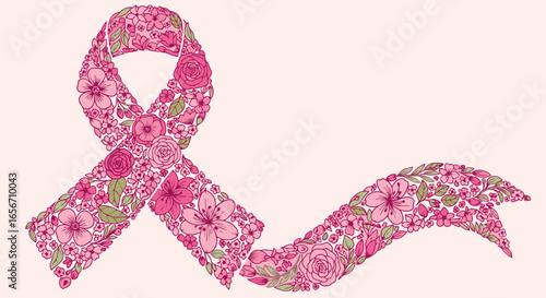 Colorful Floral Awareness Ribbon Illustration Emphasizing Breast Cancer Awareness with Intricate Pink Floral Designs for Health Campaigns, Fundraising Events, and Support Merchandise