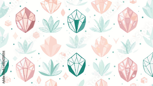 Pastel Crystals and Floral Elements Seamless Pattern Design