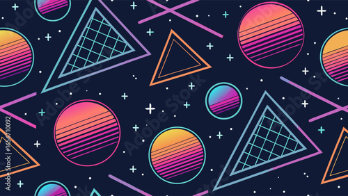 Retro Geometric Shapes and Lines on a Dark Blue Background