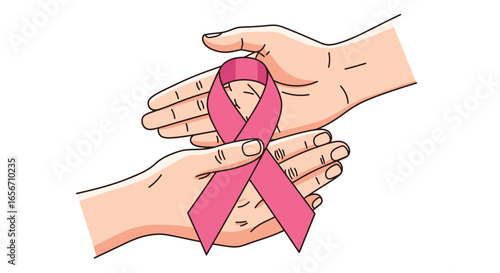 Empowering Hands Exchange a Symbolic Pink Ribbon for Breast Cancer Awareness, Highlighting Unity, Support, and Advocacy in Community Health Initiatives and Fundraising Efforts