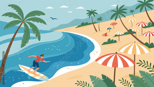 Surfer Riding a Wave on a Sunny Beach with Palm Trees