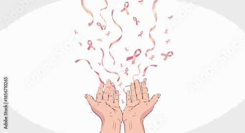 Empowering Hands Raising Hope Amidst Pink Ribbons and Celebratory Confetti for Breast Cancer Awareness Campaigns and Fundraisers, Inspiring Unity and Support in the Fight Against Cancer