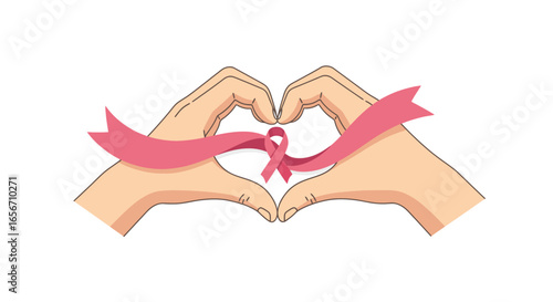 Empowering Hands Forming a Heart with a Pink Ribbon Symbolizing Hope and Awareness for Breast Cancer Support, Health Initiatives, and Charitable Campaigns