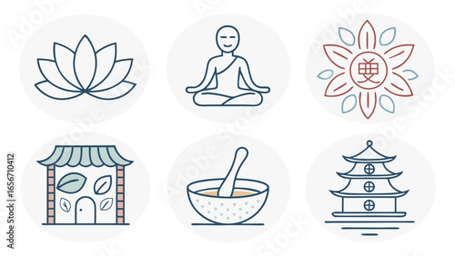 Vector Illustrations of Meditation Lotus Pagoda and Herbal Medicine Symbols