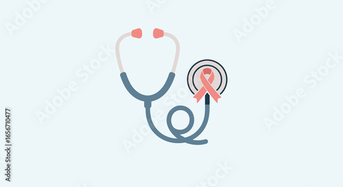 Modern Digital Illustration of a Stethoscope with Pink Ribbon Symbolizing Breast Cancer Awareness, Healthcare, and Medical Services - Perfect for Empowering Health Campaigns and Sensitizing