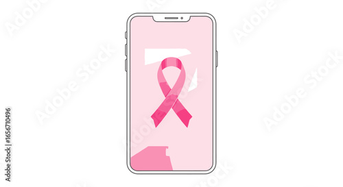 Stylish Smartphone with Breast Cancer Awareness Ribbon Illustration on Pink Background, Perfect for Non-Profit Campaigns, Health Promotion, and Inspirational Social Media Posts with a Touch of Modern